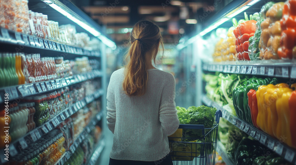 Fototapeta premium Woman shopping for fresh vegetables in a grocery store aisle with a shopping cart full of produce