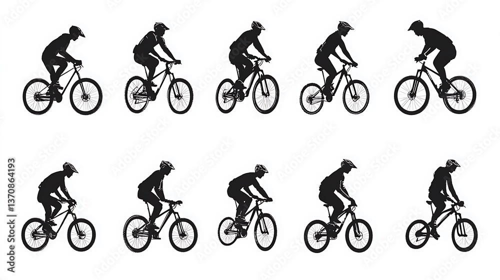 Fototapeta premium Mountain Biking Silhouettes on White