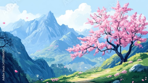 Cherry Blossom Tree in a Mountainous Landscape