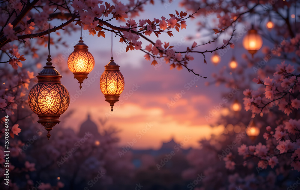 Obraz premium Romantic Evening with Lanterns and Pink Flowers at Dusk