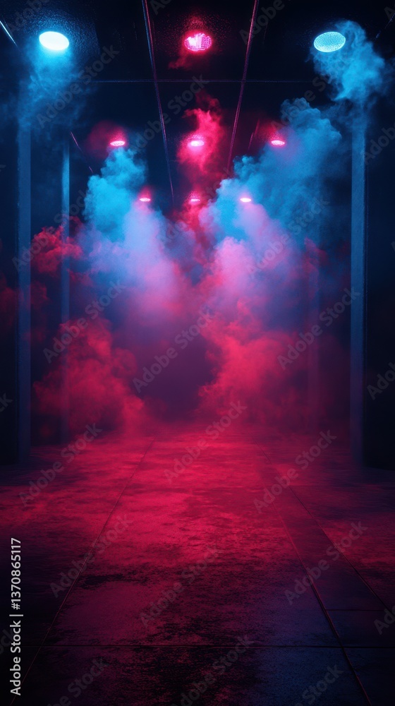 Fototapeta premium Vibrant light show in a foggy corridor showcases dynamic colors and ambient atmosphere at an evening event