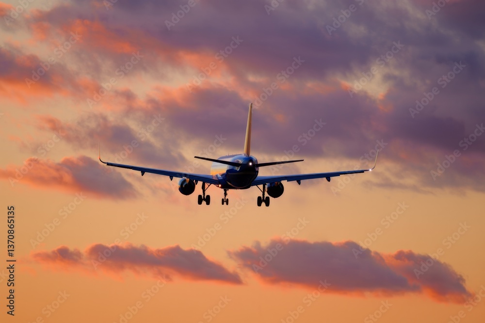 A large passenger jet flying through a cloudy sky at sunset A large passenger jet flying through a cloudy sky at sunset