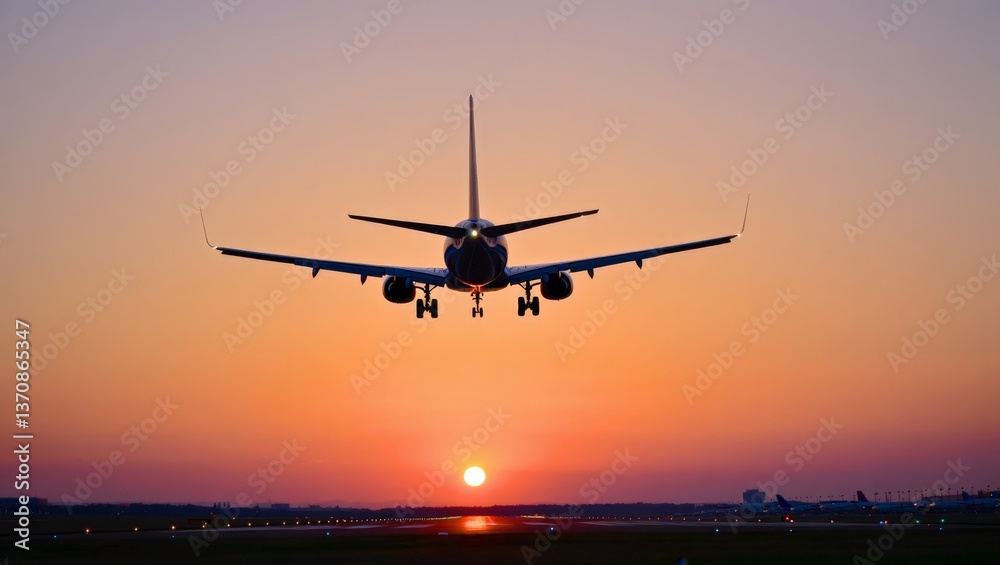 A large jetliner taking off from an airport runway at sunset A large jetliner taking off from an airport runway at sunset