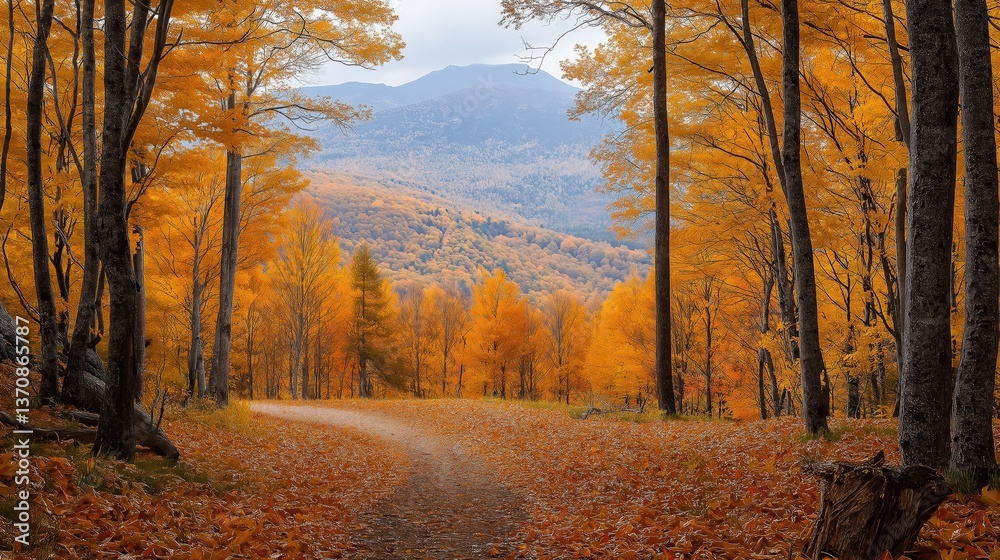 Fototapeta premium Scenic autumn forest path with vibrant foliage and mountain range