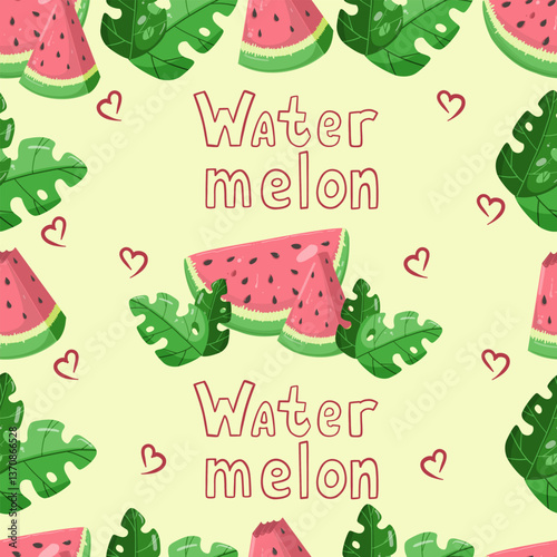 Watermelon wedges with green tropical leaves vector seamless pattern with hand lettering. Fruit summer seamless pattern with watermelon slices. Useful for wrapping paper and decorations.