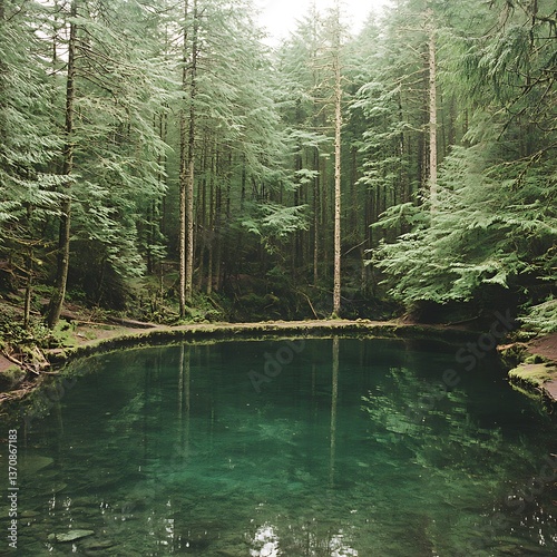 Misty Forest Pond Reflection photo