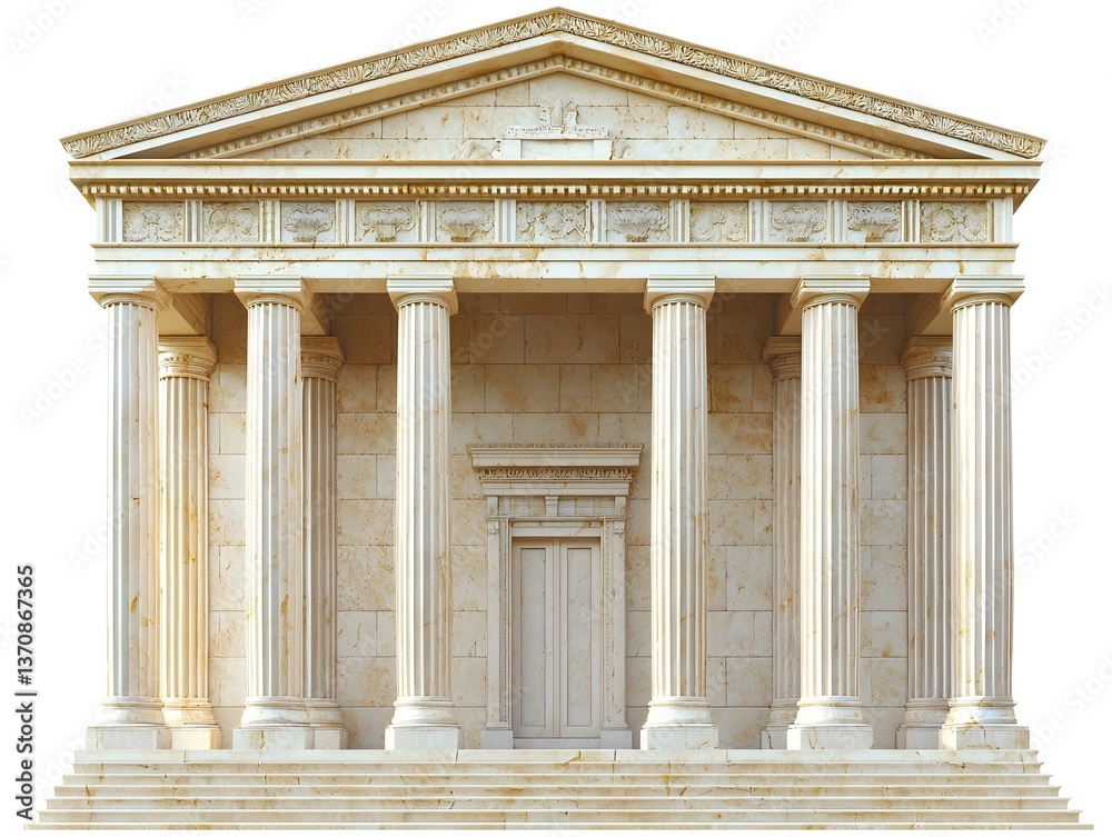 Obraz premium Majestic Greek Palace Entrance with Ornate Stone Detailing and Iconic Columns on Bright Background