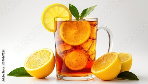 Refreshing Iced Tea with Lemon Slices in Glass Mug