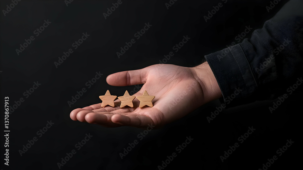 Hand Holding Three Small Gold Stars On Dark Background Hand Holding Three Small Gold Stars On Dark Background