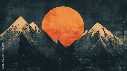 Abstract mountain landscape with large sun, A large orange sun sets over a mountain, retro style, generative ai.