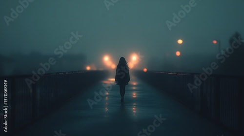 Silhouette of a young woman walking alone on a foggy bridge at sunrise, cinematic atmospheric scene