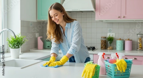 Smiling caucasian woman cleaning kitchen counter with cloth. Young female in blue shirt and yellow gloves doing housework in modern pastel pink and mint kitchen interior.
