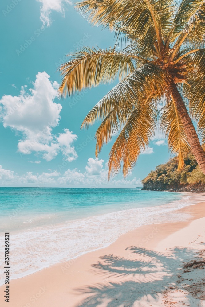 Naklejka premium Tropical beach paradise scene showcasing turquoise water palm trees and white sand under a clear blue sky offering a serene and idyllic vacation destination