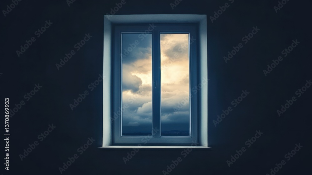 A window frames a sky of moody clouds, suggesting hope and introspection. A window frames a sky of moody clouds, suggesting hope and introspection.