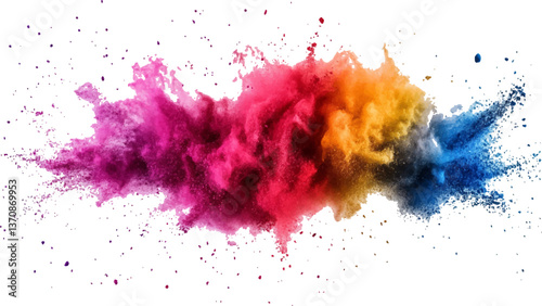 colorful rainbow holi paint color powder explosion isolated white wide panorama.Colorful mixed rainbow powder explosion isolated on white background. Colorful ink powder splashes on white background.