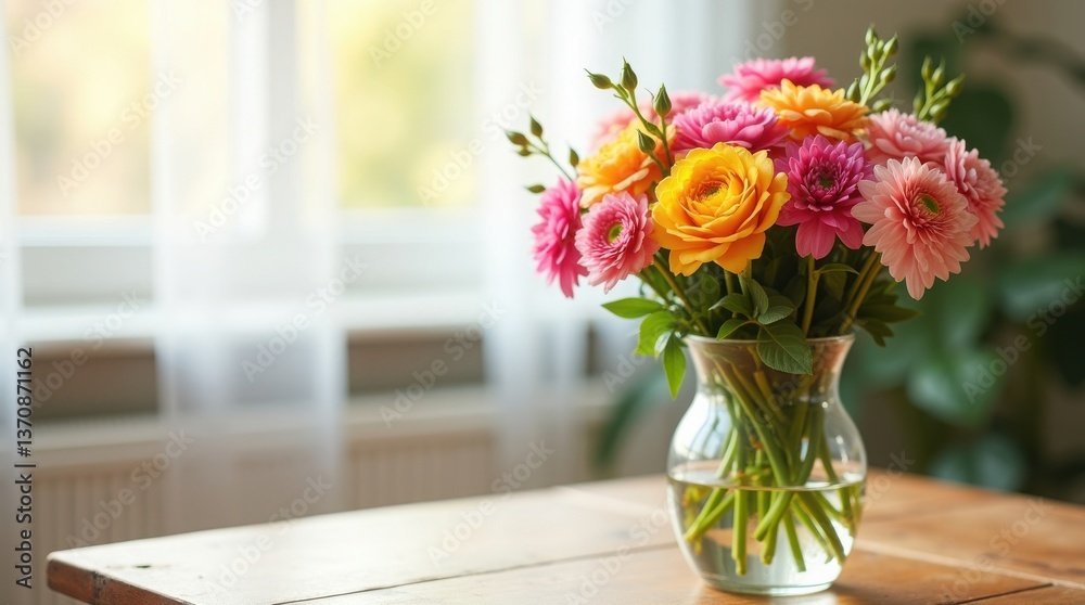 Fototapeta premium Close-up of a colorful bouquet in a glass vase, spring flowers, birthday, Mother's day