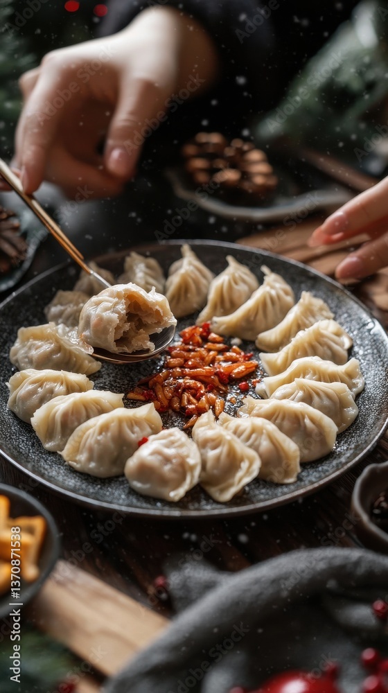 Hand Using Chopsticks to Pick Up a Dumpling from a Plate Hand Using Chopsticks to Pick Up a Dumpling from a Plate