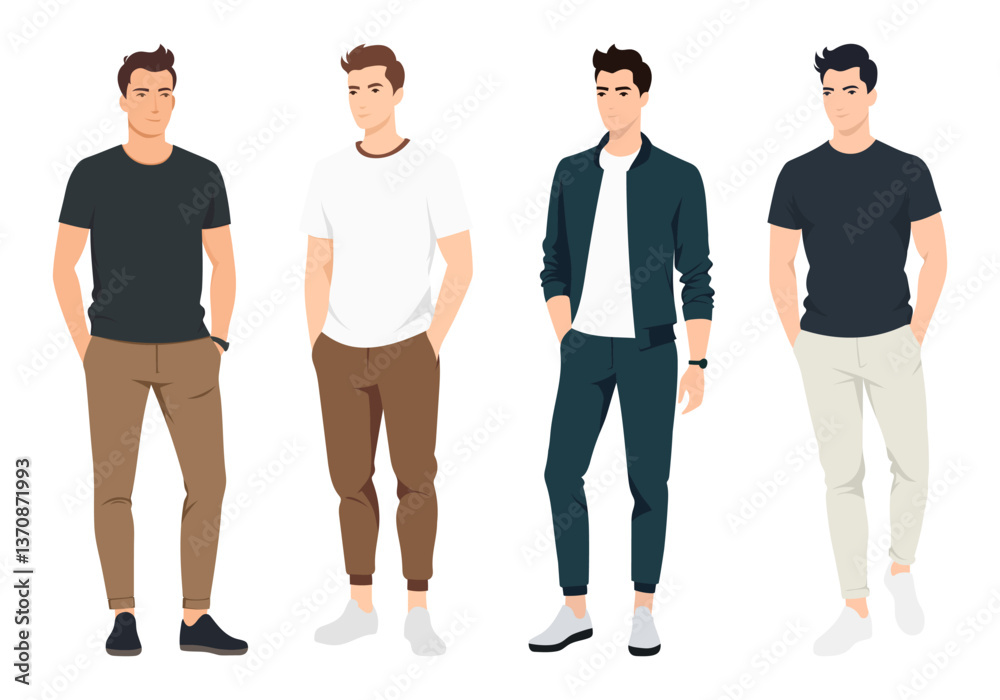 Obraz premium Minimalist Men s Street Style. Four men dressed in simple yet stylish streetwear outfits, featuring neutral colors and comfortable clothing.