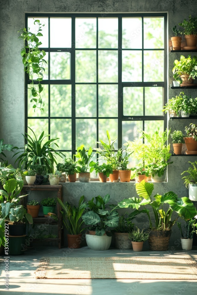 Obraz premium Serene Indoor Garden Oasis with Lush Green Plants by Window in Natural Light and Cement Wall Background