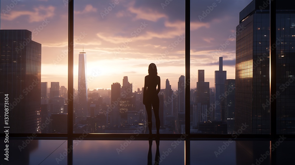 Fototapeta premium Confident businesswoman in modern office with panoramic city skyline view, powerful career concept