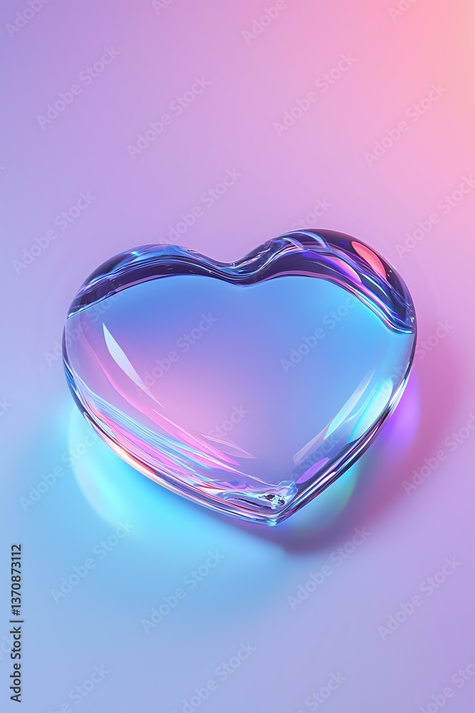 Translucent glass heart shape with iridescent reflections on gradient pink and purple background, glowing with blue light. Modern romantic concept art. Translucent glass heart shape with iridescent reflections on gradient pink and purple background, glowing with blue light. Modern romantic concept art.