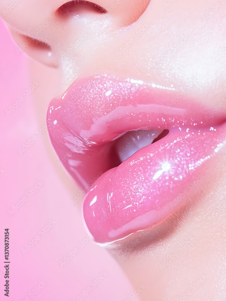 Fototapeta premium Close-up of woman�s lips with glossy pink lipstick, beauty and makeup concept in soft pastel background