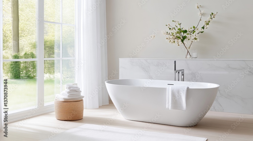 Fototapeta premium Modern, bright bathroom with soaking tub and garden view
