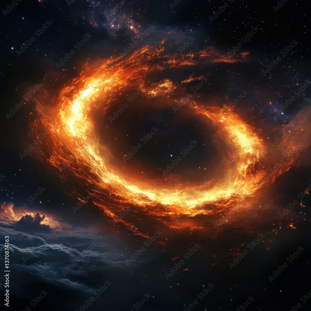 Obraz premium Fiery celestial ring of cosmic energy in vast space with swirling clouds and distant stars creating a dramatic and captivating scene