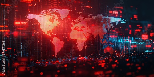 A digital map glowing with red trade war indicators, highlighting global economic tension. Background blurred with currency symbols and stock market crashes.