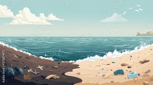 Seaside Serenity: A stunning seascape showcasing the interplay of a sandy beach and an inviting ocean under a serene blue sky, the scene includes the rocks, shell and plastic that symbolizes the life