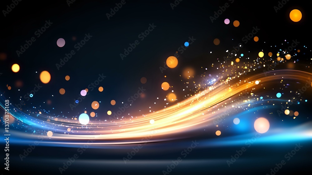 Fototapeta premium Abstract glowing wave with golden light trail and blue sparkles against dark background, magical bokeh effect and shining particles for festive designs.