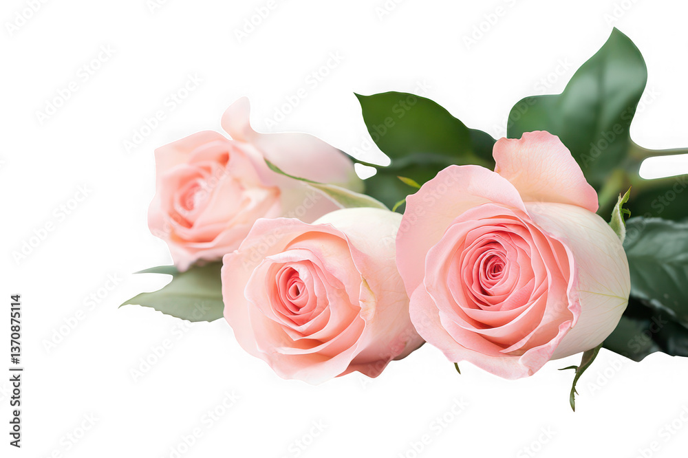 Naklejka premium Three blushing pink roses, a delicate bouquet symbolizing love and romance, softly lit against a pure white background.