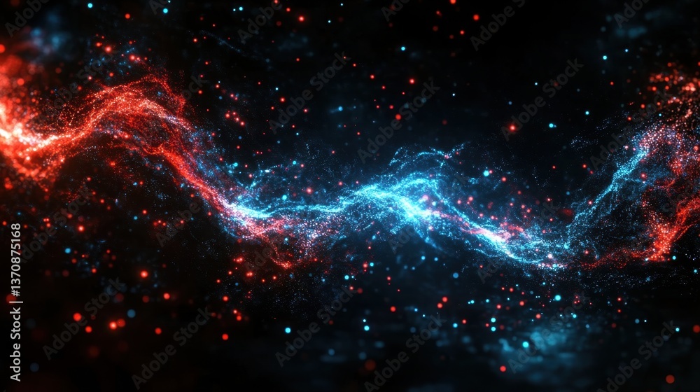 Obraz premium Dynamic cosmic energy field with radiant blue and red particles in a dark space background