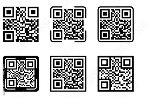 Set of six QR codes with various design styles, showcasing different shapes, borders, and layouts, ideal for digital marketing and mobile scanning applications.