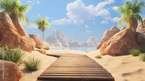 Paradise Path: A wooden pathway leads the viewer into a breathtaking tropical paradise, with sandy beaches, turquoise water, majestic mountain range, and lush palm trees swaying in the gentle breeze.