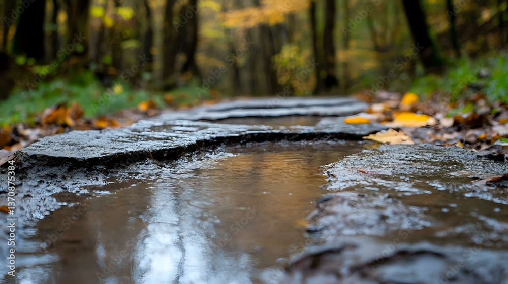 Fototapeta premium Wet stone path in autumn forest with fallen yellow leaves and puddle reflections creating peaceful natural scenery. Moody rainy weather atmosphere.