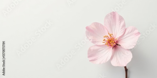 A Delicate Pink Blossom on a Smooth White Background, a Symbol of Springtime Serenity and Natural Beauty