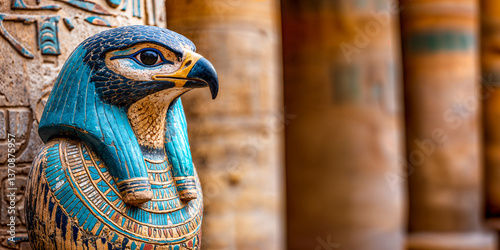 Statue of the Ancient Egyptian falcon-headed god Horus in stone temple, wide banner, copyspace