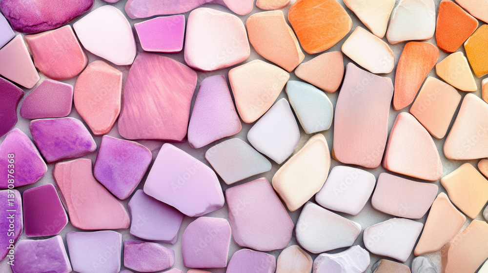 vibrant arrangement of colorful mosaic fragments in soft pastel tones, including pink, purple, peach, and cream, creating elegant and harmonious composition vibrant arrangement of colorful mosaic fragments in soft pastel tones, including pink, purple, peach, and cream, creating elegant and harmonious composition