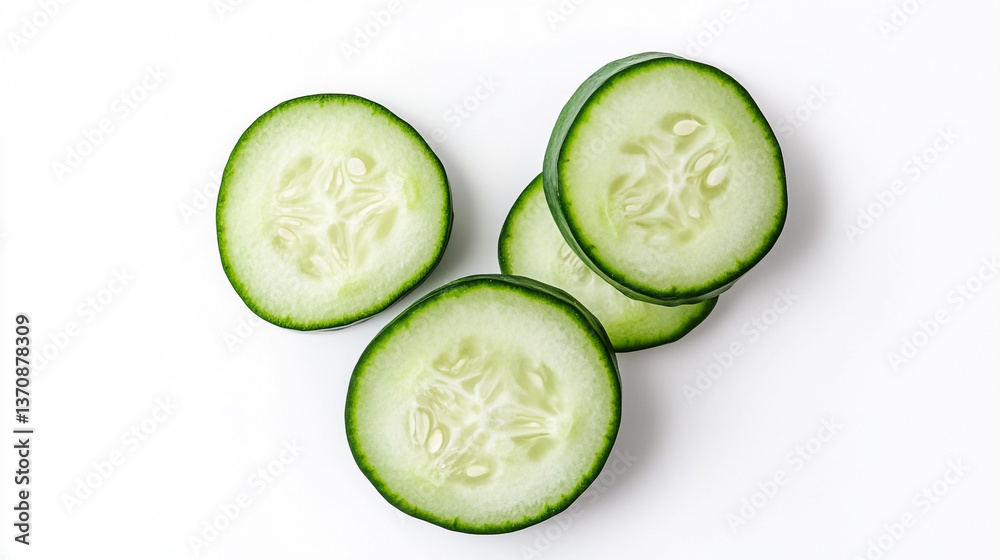 Overhead view of fresh cucumber slices on a white surface showing the seeds and the green skin edge