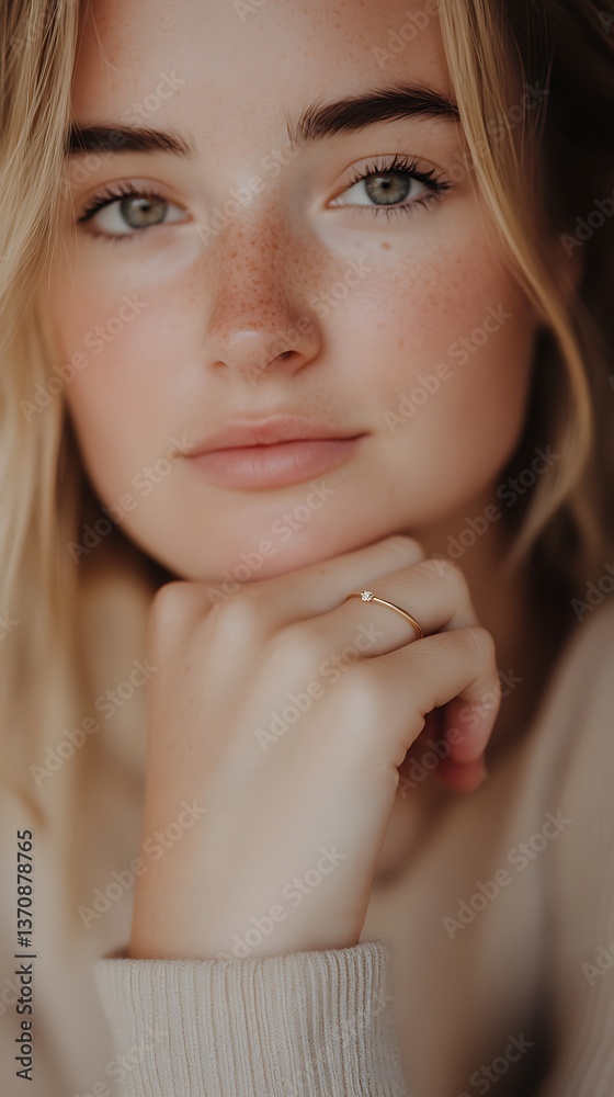 Obraz premium Close-up of woman with delicate gold ring resting chin on hand in soft-focus
