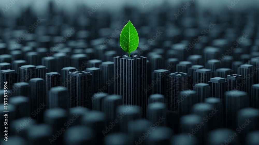 Obraz premium Green Growth An Inspirational Symbol of Sustainability Amidst Urban Structures and Modern City Landscapes