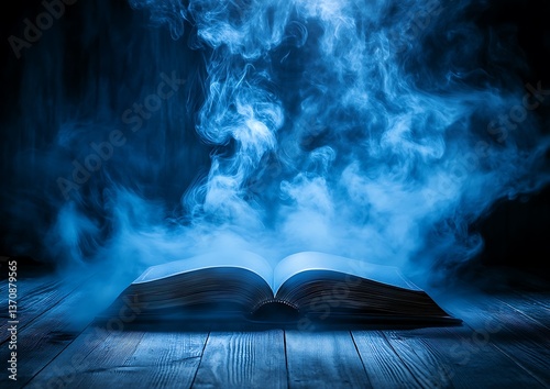 An opened book surrounded by ethereal blue colored smoke