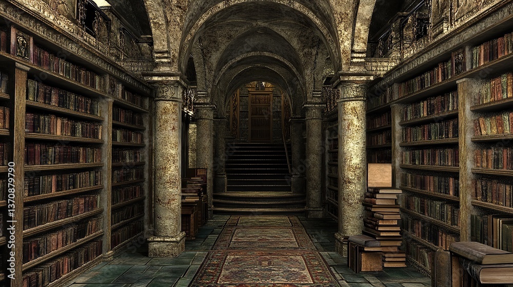 Front View of an Old Library with Bookshelves Full of Books Front View of an Old Library with Bookshelves Full of Books