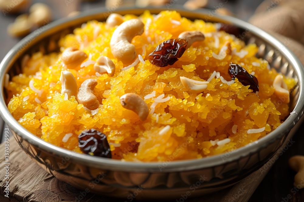 Suji Halwa served in steel bowl, golden semolina texture, topped with roasted cashews Suji Halwa served in steel bowl, golden semolina texture, topped with roasted cashews