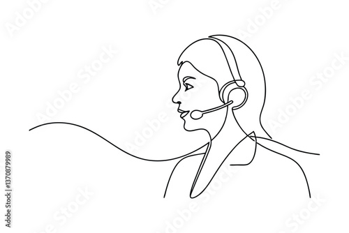 Customer Service Representative With Headset Continuous Line Drawing, Support Operator Communication Concept