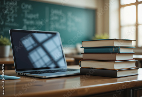 Modern classroom scene featuring a laptop and stacked books on a wooden desk