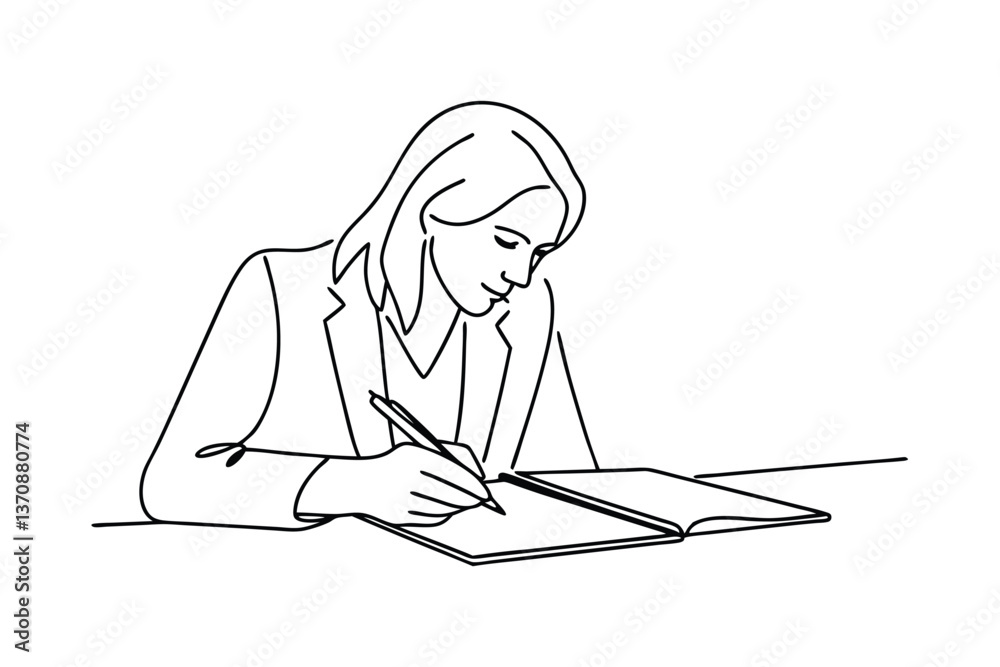 Woman Writing Notes in Notebook, Simple Line Art Illustration Woman Writing Notes in Notebook, Simple Line Art Illustration