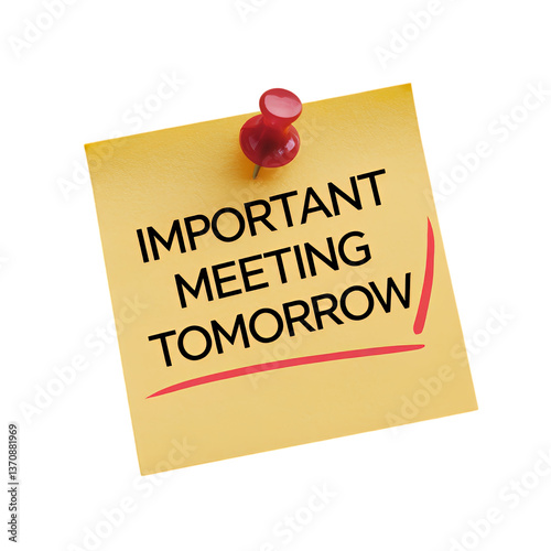 Urgent reminder: Important meeting tomorrow, pinned on a yellow sticky note with a red pushpin.  isolated on a transparent Png background.