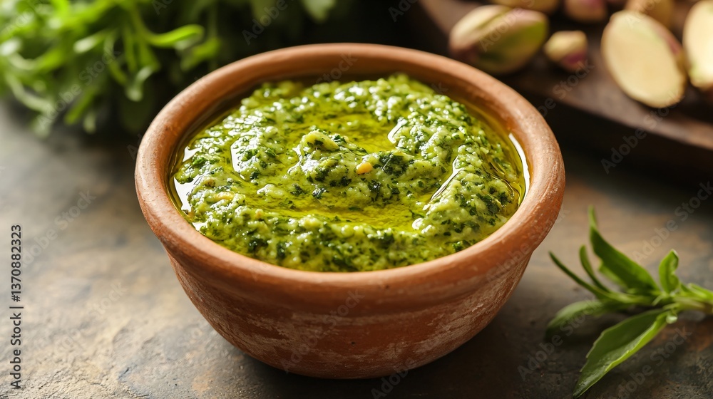 A Mediterranean-style pistachio sauce with olive oil and sea salt, presented in an earthenware bowl A Mediterranean-style pistachio sauce with olive oil and sea salt, presented in an earthenware bowl
